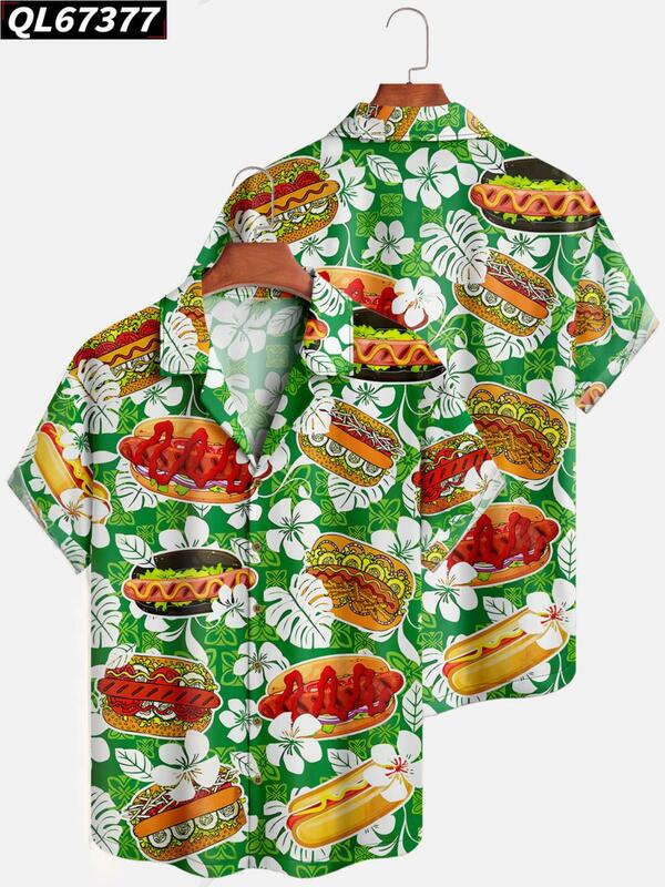 Nowe letnie koszule męskie wysokiej jakości odzież smaczne jedzenie Hot Dog Burger nadruk koszula hawajska mężczyzny Plus rozmiar eleganckie bluzki topy