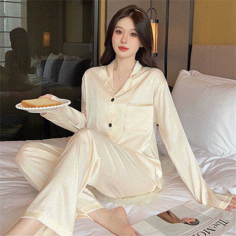 Leisure Spring and Summer New Ice Silk Pajamas, Sweet Printed Long Sleeve Pants, Silk Home Suit Floral Silk Pajama Set for Women