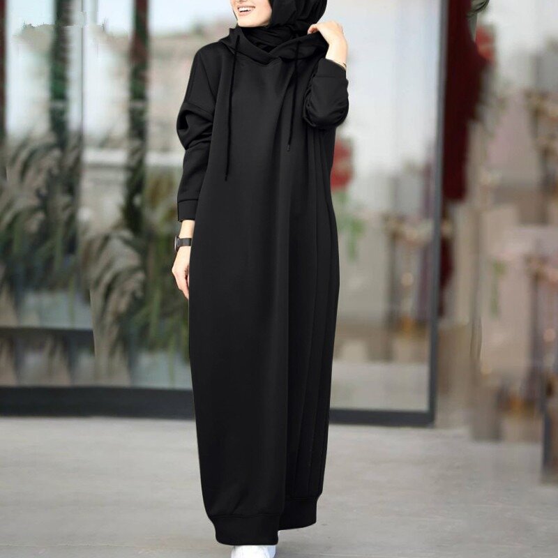 Nuovo autunno 2023 inverno allentato Casual tasca a maniche lunghe con cappuccio abito lungo tuta musulmana felpa nera abbigliamento donna