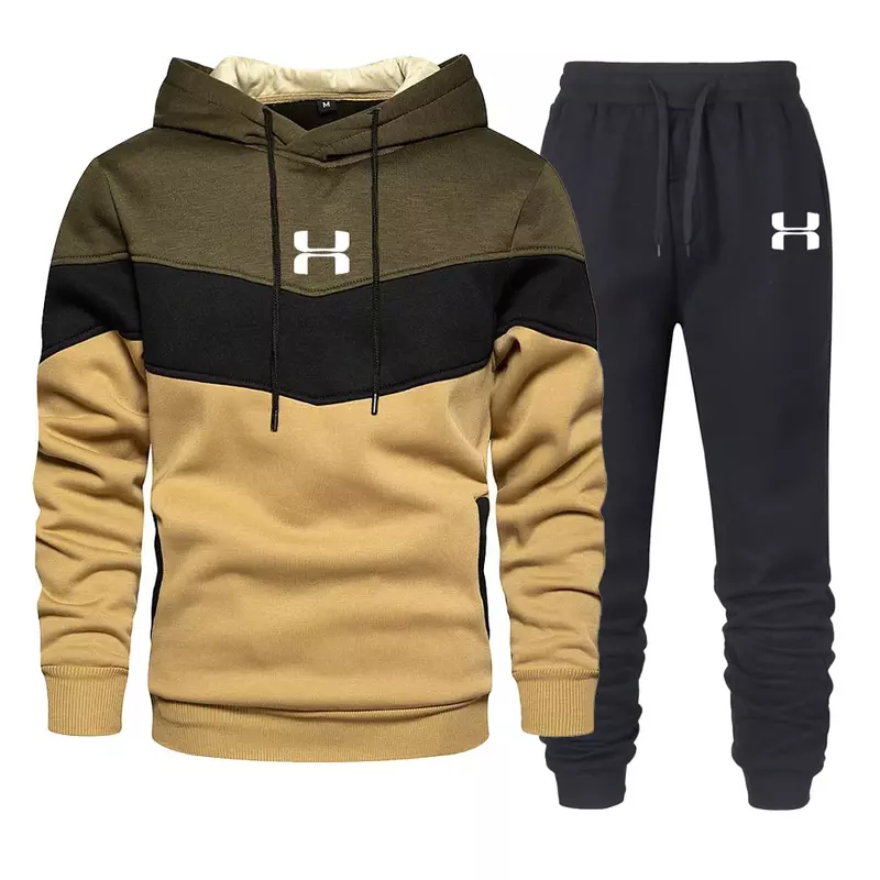 Setelan pakaian olahraga pria, hoodie kasual musim dingin + celana panjang 2 potong dan cetak, pakaian joging olahraga luar ruangan