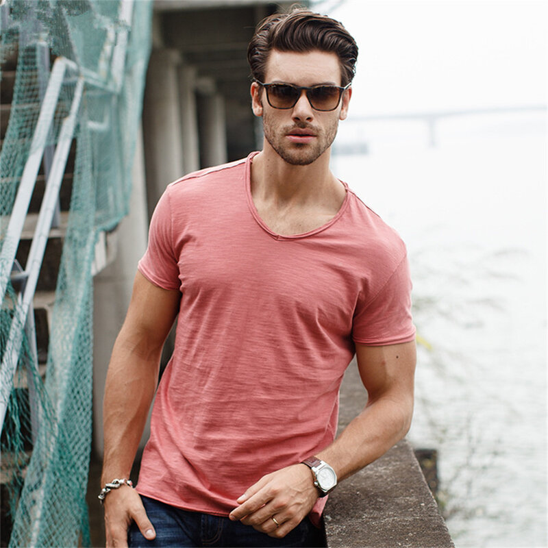 Qualité de la marque100% coton t shirt homme de marque Col en V mode homme Coupe ajustée Soild T-shirts  Hommes Hauts  manche courte t shirt homme