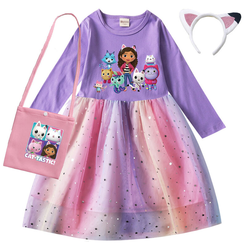 Gabby's Dollhouse Cosplay Costume para meninas, vestido casual infantil, bolsa, bandana, roupas infantis, vestidos de desenhos animados, Gabby Cats, outono