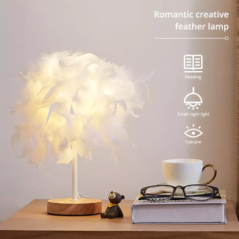 Lámpara de mesa de plumas pequeñas, luz LED cálida, CC de 5V, USB, romántica, creativa, decoración de boda, luz nocturna, dormitorio de niña, ambiente de cabecera