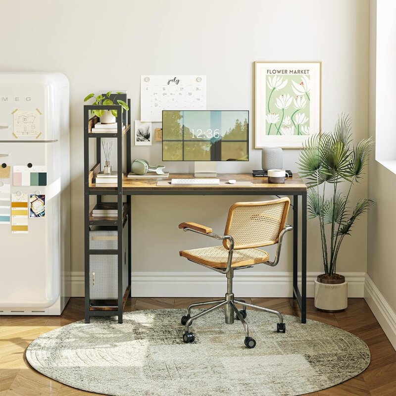 Meja Komputer cubiubi 47 inci dengan rak penyimpanan meja belajar menulis untuk rumah kantor, gaya Modern sederhana, coklat pedesaan