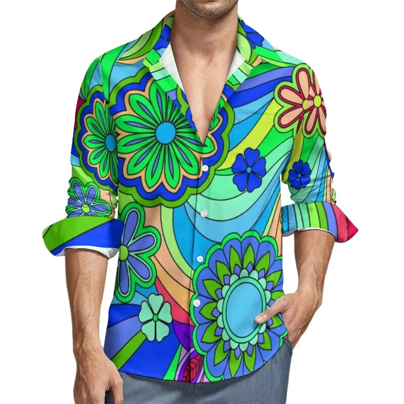 Рубашка Y2k мужская с длинным рукавом, модная блузка с 3d-цветным цветочным принтом, с графическим принтом в этническом стиле, винтажная одежда, топ на весну