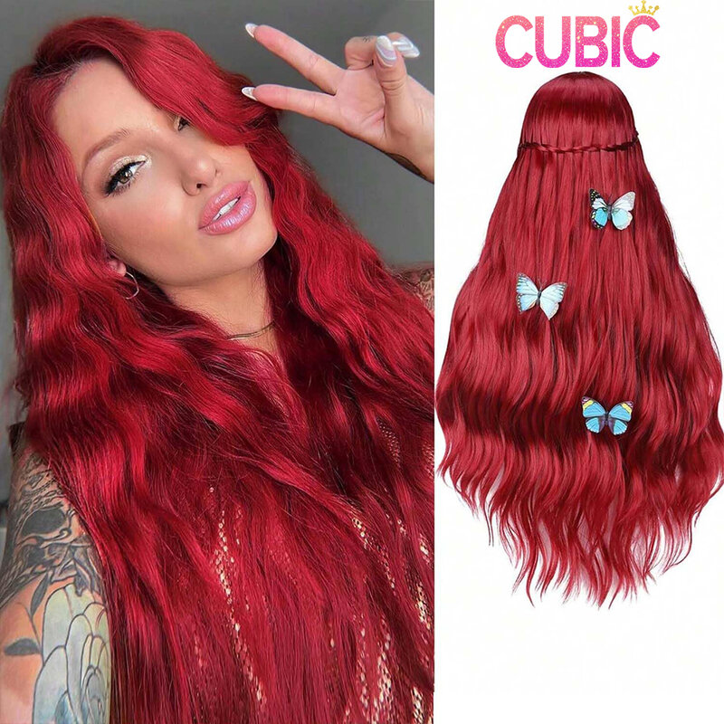 22 Inches Long Curly Wavy Red Wig Middle Part Red Heat Resistant Synthetic Wig Long Red Wigs For Women Cosplay Wigs For Women