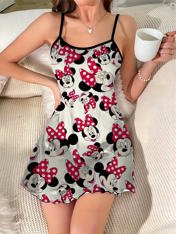 Disney-vestido Sexy de Mickey Mouse para mujer, falda de pijama de satén con ribete de lechuga, cuello redondo, elegante y Chic, 2024