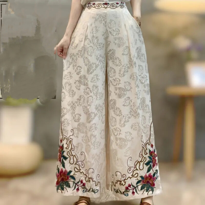Calças chinesas vintage folclóricas para mulheres, calças jacquard de cetim, bordado de flores nacionais, cintura elástica étnica, calças largas, 2022