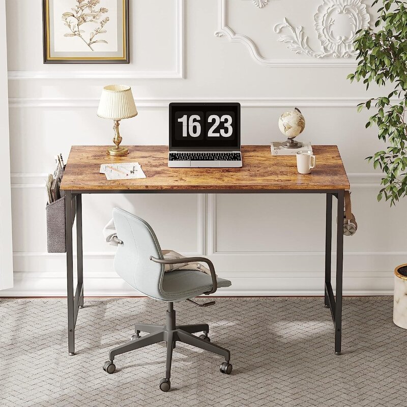 Учебный компьютерный стол 32 дюйма, маленький письменный стол для дома и офиса, стол для компьютера в современном простом стиле, черный металлический каркас, деревенский коричневый