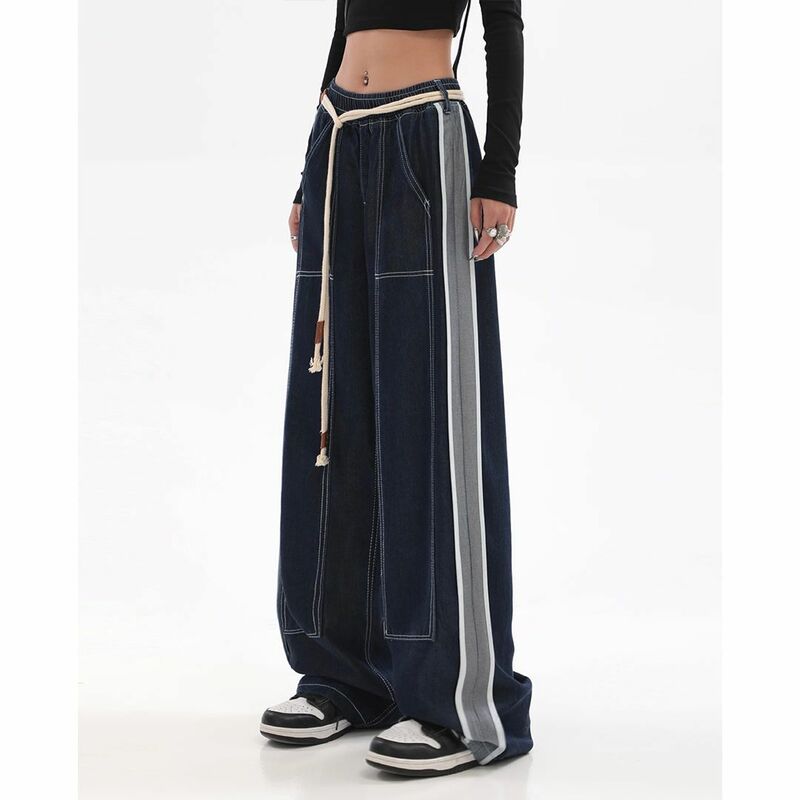 American high street straight jeans women's autumn vintage design sense spliced high-waist mop wide-leg pants trendy ins