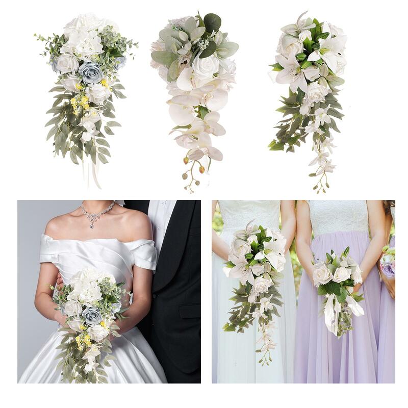 Ramo de novia de boda, ramo de dama de honor rústico, flor de mano nupcial, flores rosas artificiales para Aniversario de vacaciones
