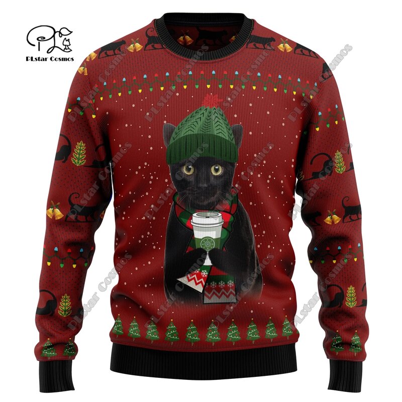 Sweat-shirt de Noël imprimé en 3D, pull décontracté, impression d'arbre de Noël, tatouage du père Noël, chat animal, cerf, ours, streetwear d'hiver, M7