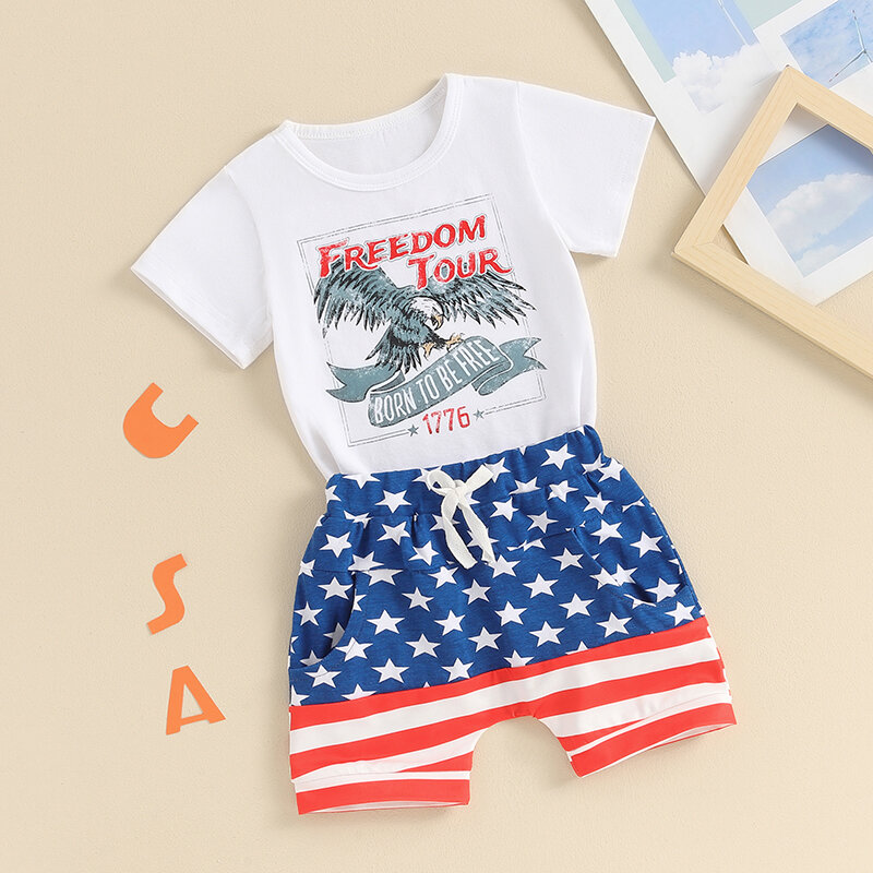 Conjunto para bebé y niño, camiseta de manga corta con estampado de letras de águila, pantalones cortos de estrella a rayas, 4 de julio