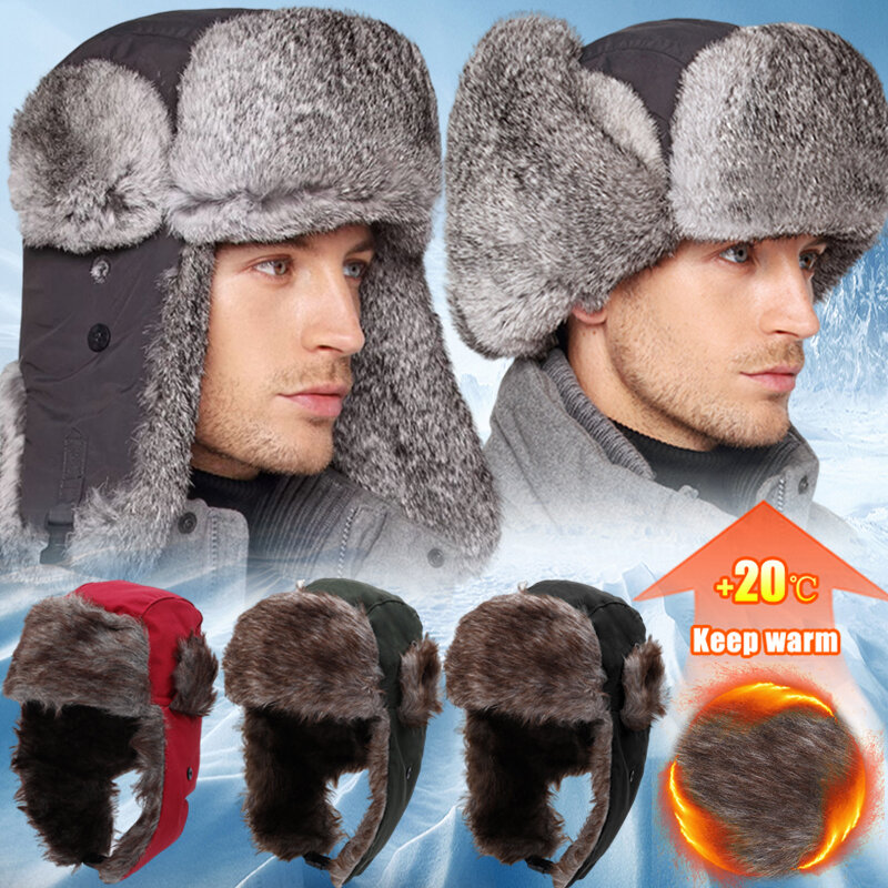Topi hangat musim dingin tebal pria Plus topi Bomber bulu palsu topi Flap telinga topi bonnet termal lembut wanita untuk memancing luar ruangan topi ski