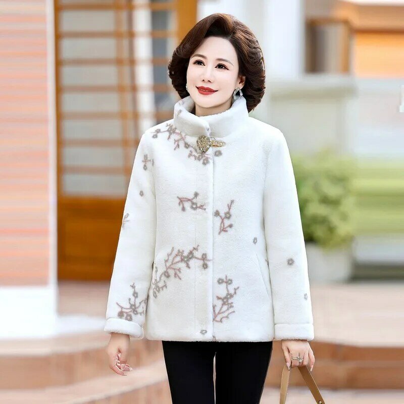 여성용 두꺼운 스탠딩 칼라 재킷, 중년 어머니 따뜻한 코트, 인조 모피 코트, 2023 가을 겨울