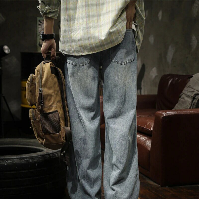 American hiphop wide leg pants men's casual denim loose straight leg all-in-one new heavy vintage washed pants