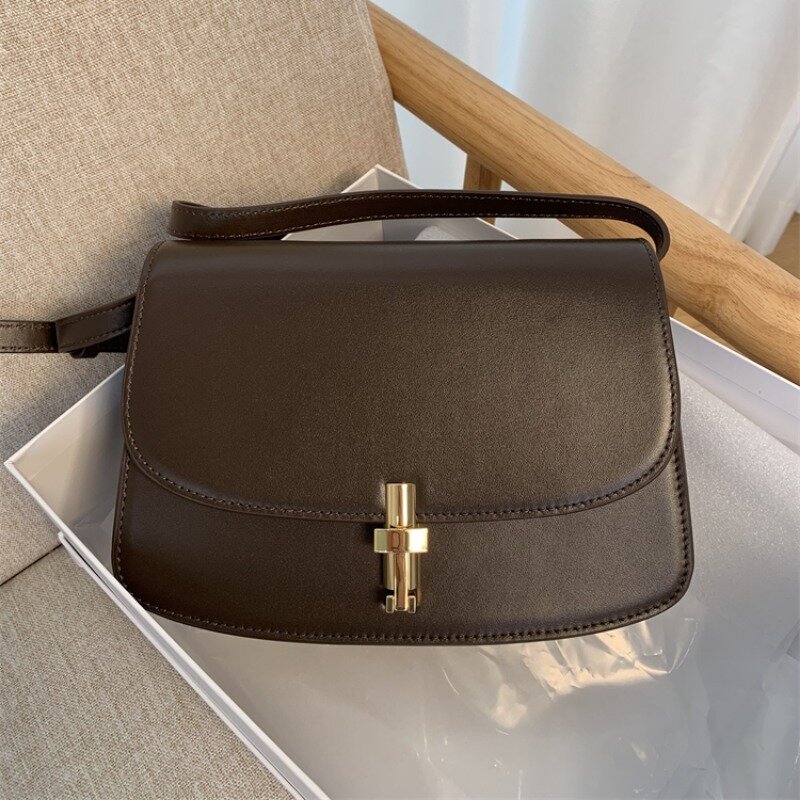 Bolsa tiracolo de couro genuíno para mulheres, bolsa pequena de um ombro, fivela de metal em forma de T, bolsa retrô elegante