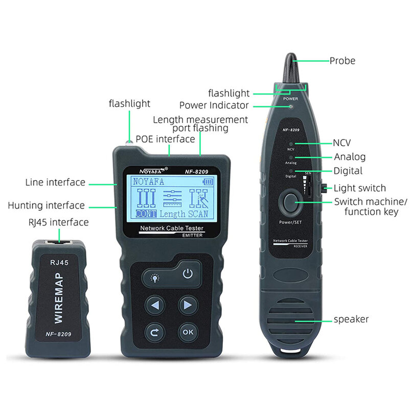 Noyafa-Cable Tracker Lan Display Medida Tester, Ferramentas de Rede, Display LCD, medir o comprimento, Wiremap Tester com lanterna, NF-8209