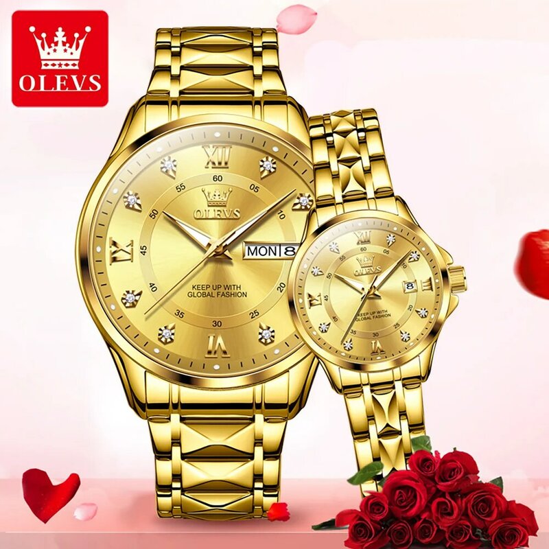 OLEVS oryginalny luksusowy zegarek dla pary podwójny kalendarz ze stali nierdzewnej zegarek kwarcowy męski i damski wodoodporny świecący
