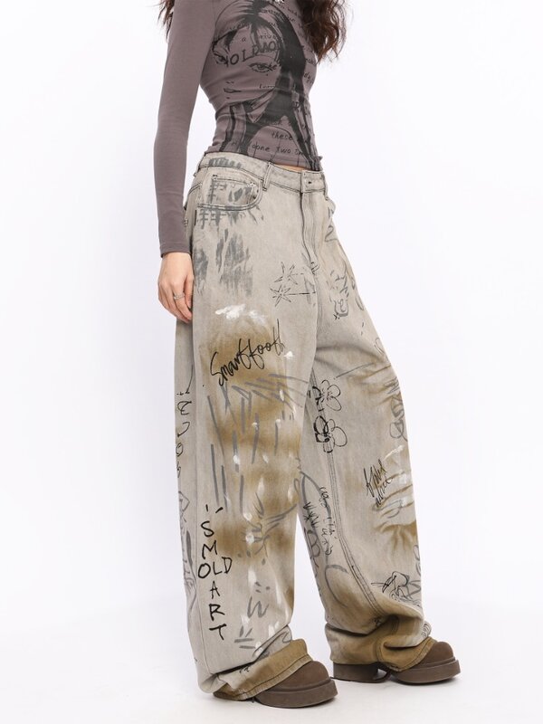 ADAgirl-pantalones vaqueros de cintura alta para Mujer, ropa de calle informal, Vintage, holgados, pierna ancha, rectos, estilo grafiti antiguo, Y2k