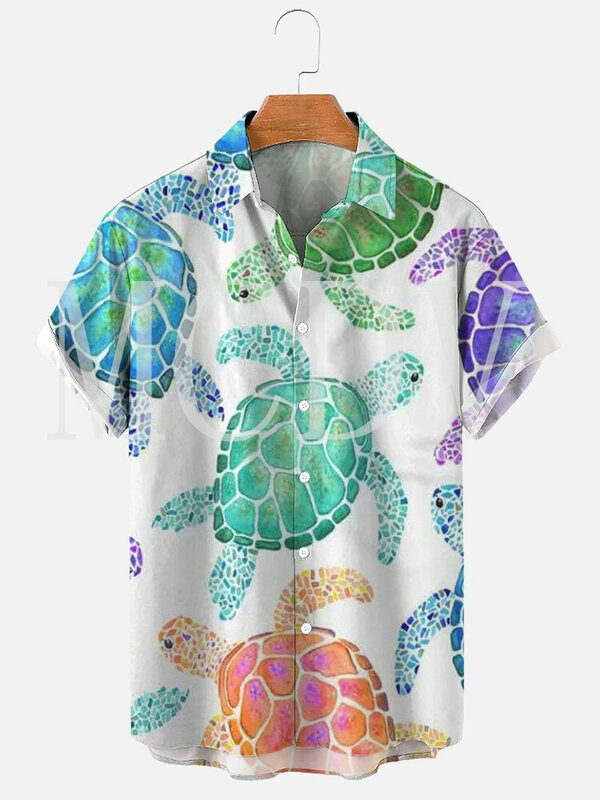 เสื้อฮาวายพิมพ์ลาย Hawaiian3D ลายเต่าทะเลแขนสั้นสำหรับผู้ชายผู้หญิงเสื้อฮาวายระบายอากาศลำลอง