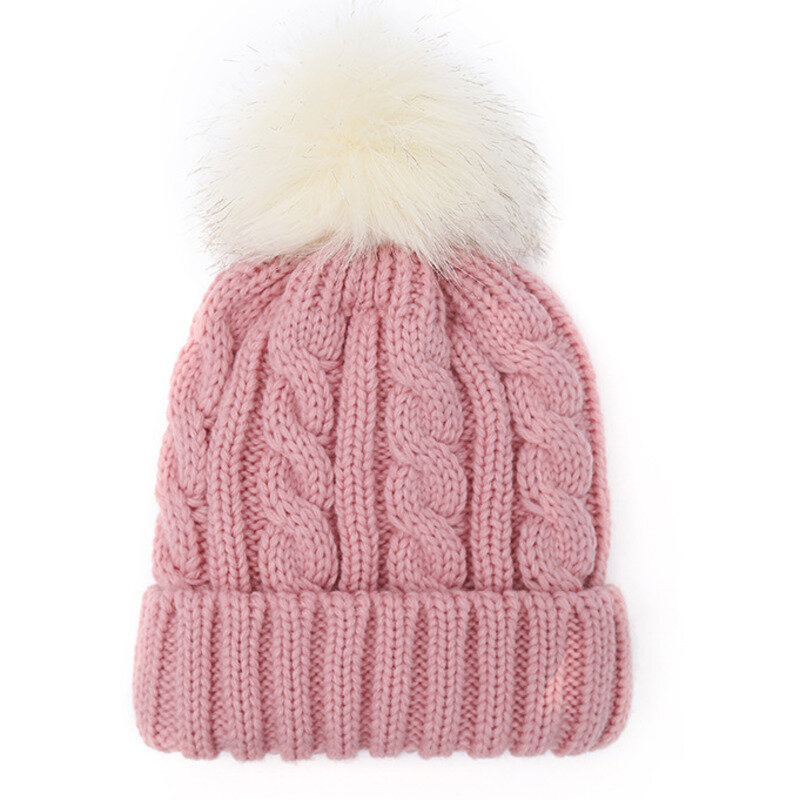 Winter Chenille Knit Twist Cap Chunky Cable Knit Soft Warm Hat Cable Knitted Faux Fur Pom Beanie Hat with Fleece Lining