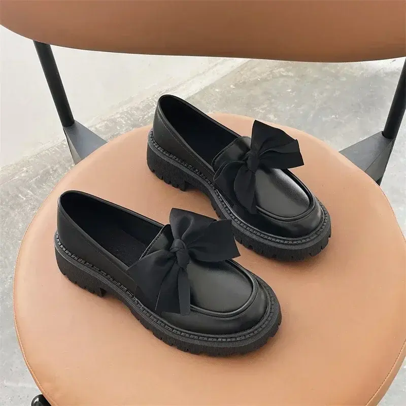 2024 Women' Autumn Thick Heel Shoes Women's Fashionable and Comfortable Work Shoes Female Flat Shoes Bow Leather  Zapatos