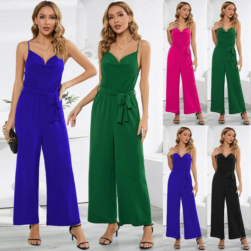 Summer New Jumpsuit Women's Resort Beach Evening Party Sexy Sleeveless Casual Slim Fit Bare Back Straight Office Lady