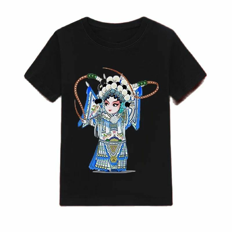Chinese Stijl Gezichtsmasker Peking Opera Print Nieuwe Mannelijke Vrouwelijke Koppels Korte Mouwen T-Shirt Student Performance Groep Kostuums