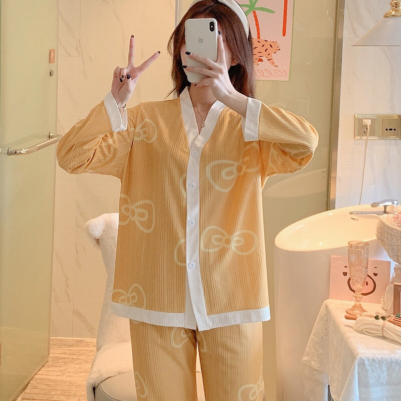 Conjunto de Pijama de 2 piezas para mujer, ropa de dormir suave con estampado de 100% algodón, camisa de manga larga con solapa, pantalones, traje