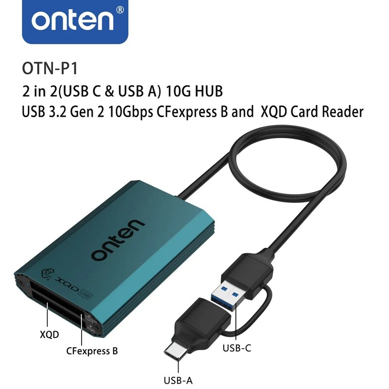 Onten OTN-P1 2 in 2(USB C & USB A) 10G Hub USB 3,2 Gen 2 10 Gbit/s CF Express B und XQD Kartenleser