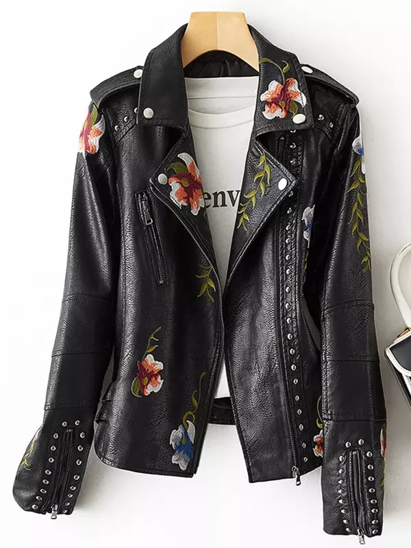 2023 New Women Retro Floral Print Embroidery Faux Soft Leather Jacket Coat Turndown Collar Pu Moto Biker Black Punk Outerwear