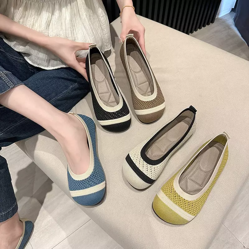 Zapatos planos de suela suave para mujer, zapatillas informales ligeras y transpirables de punto, novedad