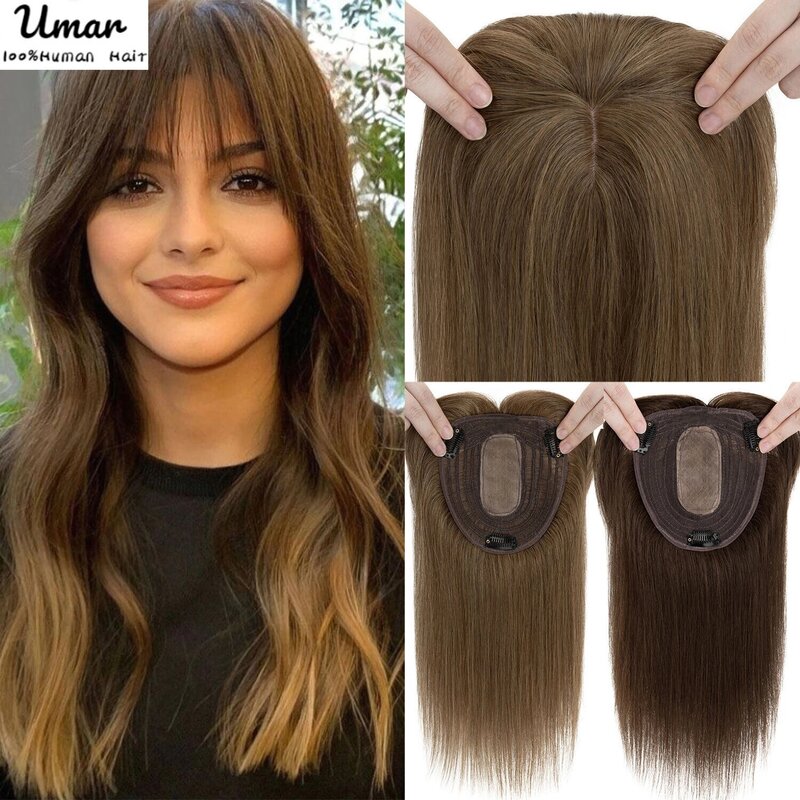 Топпер для волос с челкой, женские парики из 100% человеческих волос, заколки для волос, светлые Натуральные Прямые волосы, Топпер на шелковой основе, 35 см
