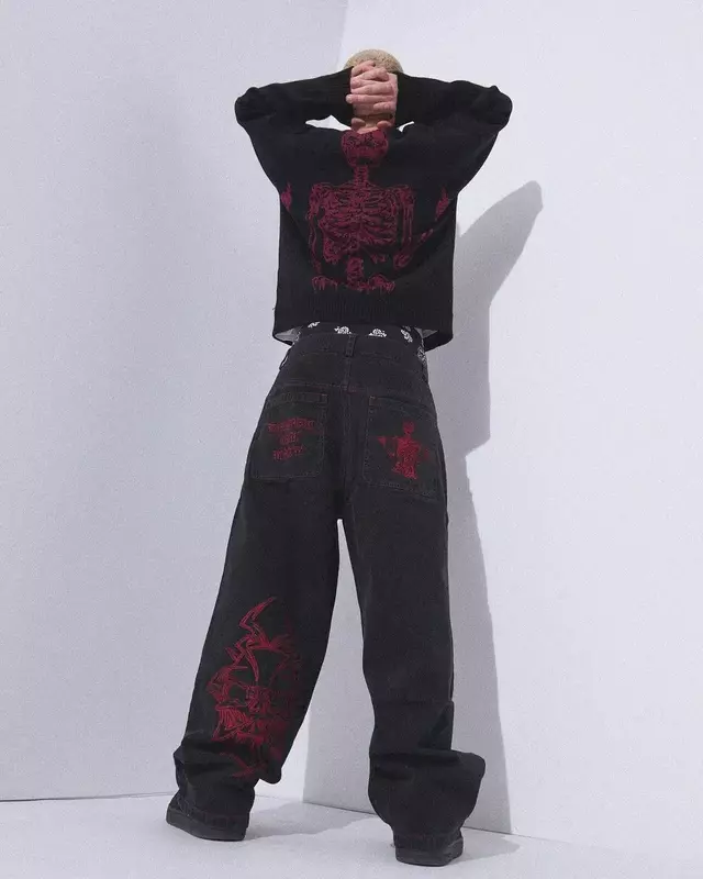 Pantalones vaqueros de estilo Hip-hop para hombre y mujer, Jeans clásicos de estilo americano, holgados e informales, con diseño de calavera hípster, para otoño e invierno, novedad de 2023
