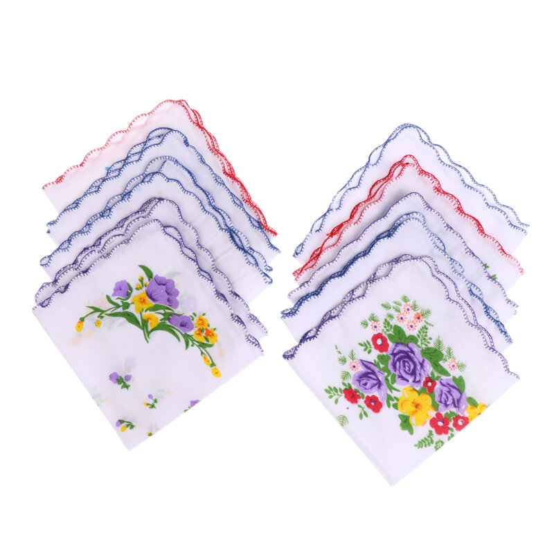 ผ้าเช็ดหน้าผ้าฝ้ายสี่เหลี่ยมลายดอกไม้กระเป๋าสีขาวเส้นขอบทรงกลม10x