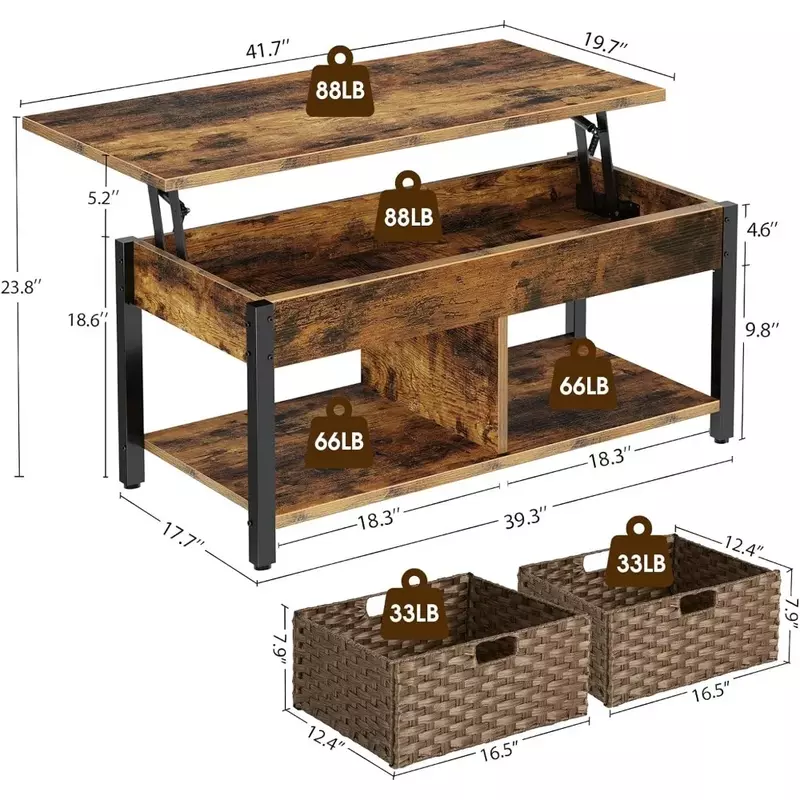 Mesa de centro de madera de 41,7 pulgadas con marco de Metal para sala de estar, Mesa de centro de cristal, mueble Lateral marrón rústico