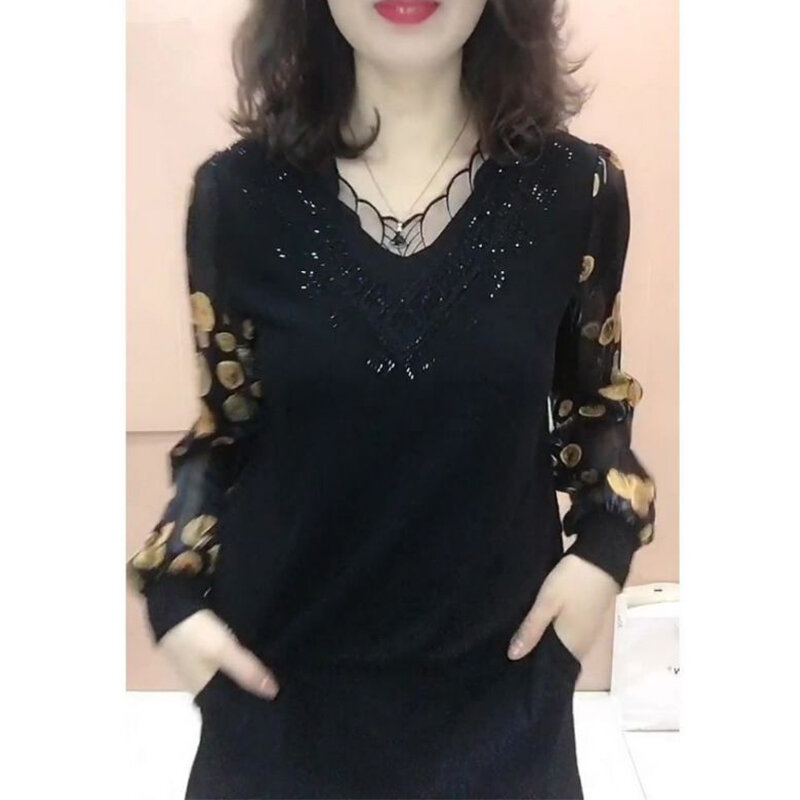 Odzież damska Vintage Patchwork Koronkowa koszulka z dekoltem w szpic Wiosna Lato Eleganckie Casualowe Kobiece Diamenty Cienkie Topy z długim rękawem