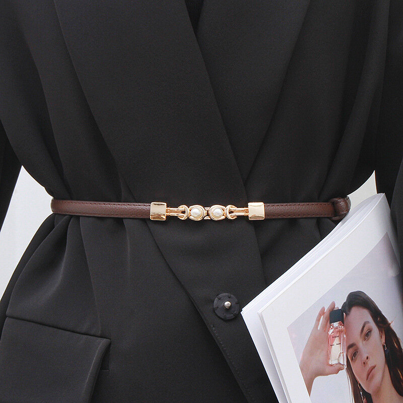 Kpop dünne Gürtel imitation Perlens chnalle schwarzer Bund für Frauen Kleider Röcke Oberbekleidung Taillen verschluss Dekoration