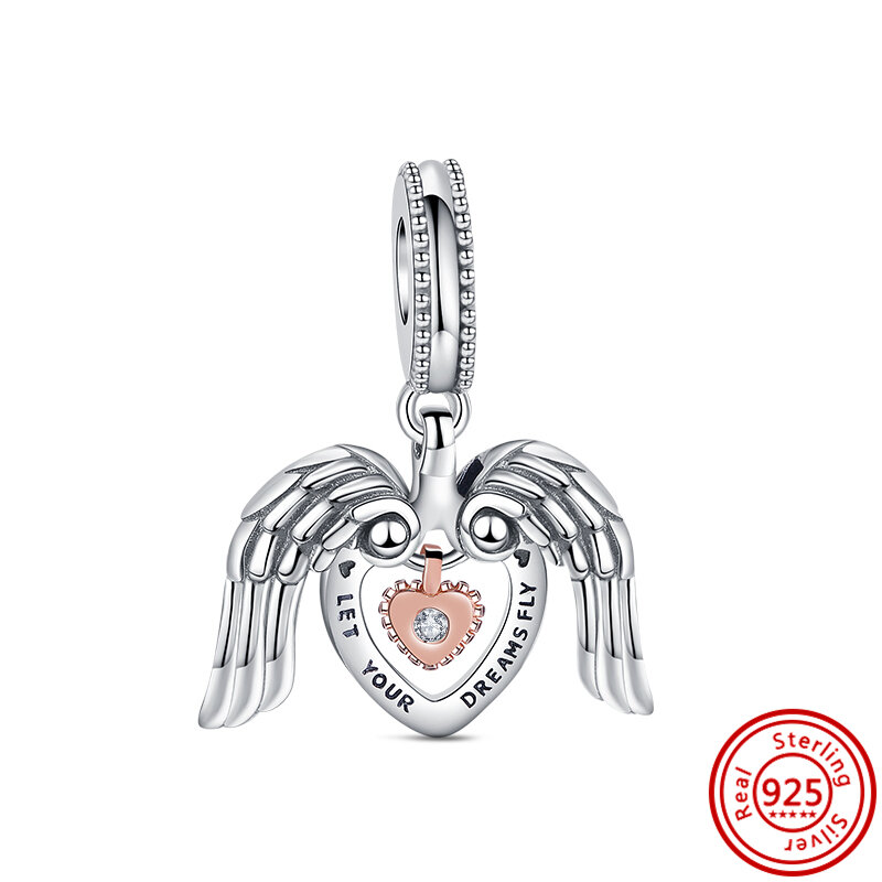 Abalorio de plata de ley 925 para pulsera Pandora, accesorio con forma de corazón volador, alas de sueño, paz, compatible con Pulsera Original