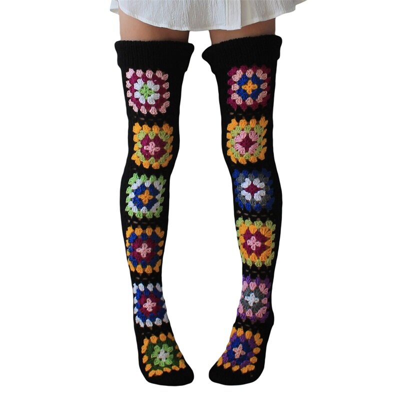 Women Winter Knee High Socks Striped Patchwork Fleece Warm Boot Socks Leg Warmer High Socks for Girls