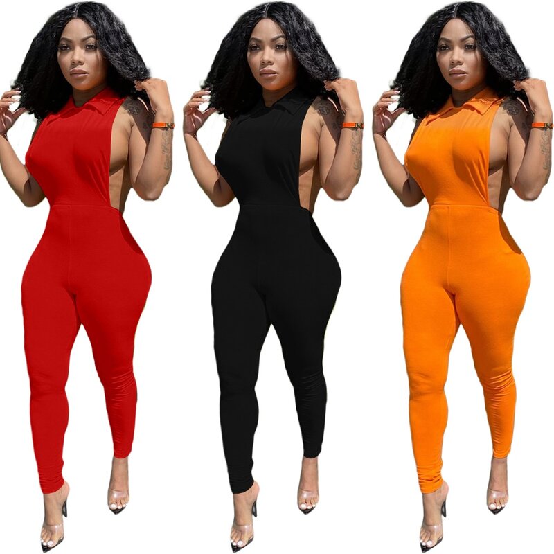 BKLD Clothes For Women One Pieces Solid Color Sleeveless Turn-Down Collar Sexy Backless Long Pants Jumpsuit Summer Outfit