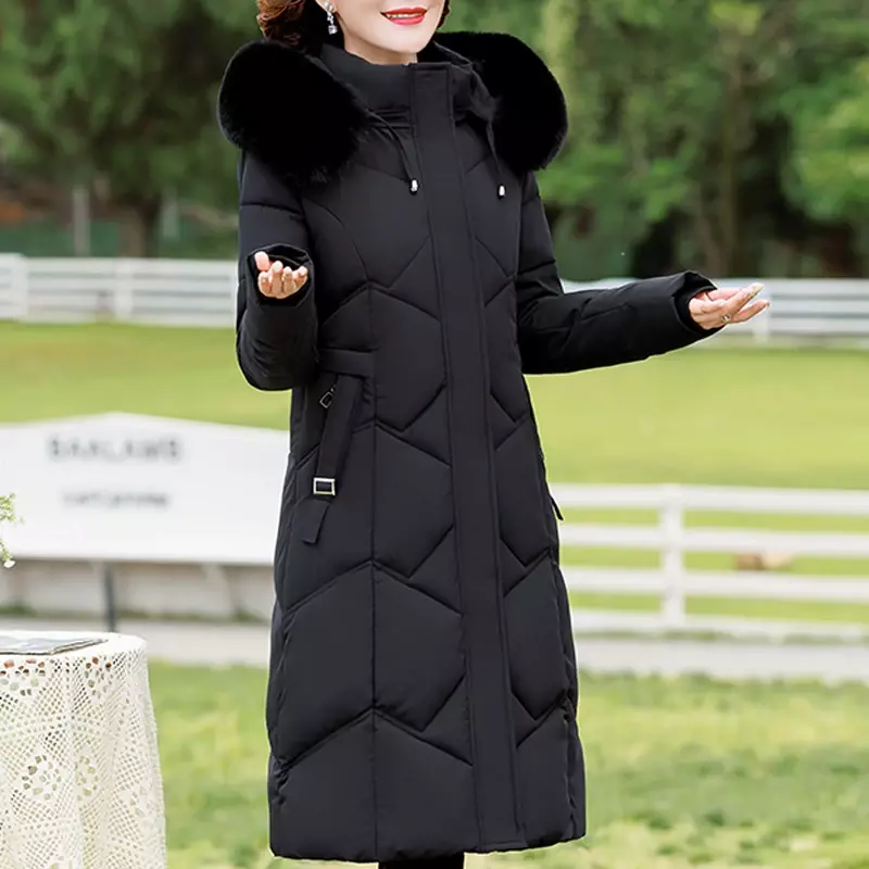 Giacca invernale per donna soprabito collo di pelliccia con cappuccio 2023 nuovo Parka lungo caldo spesso cappotto imbottito da donna di mezza età di alta qualità