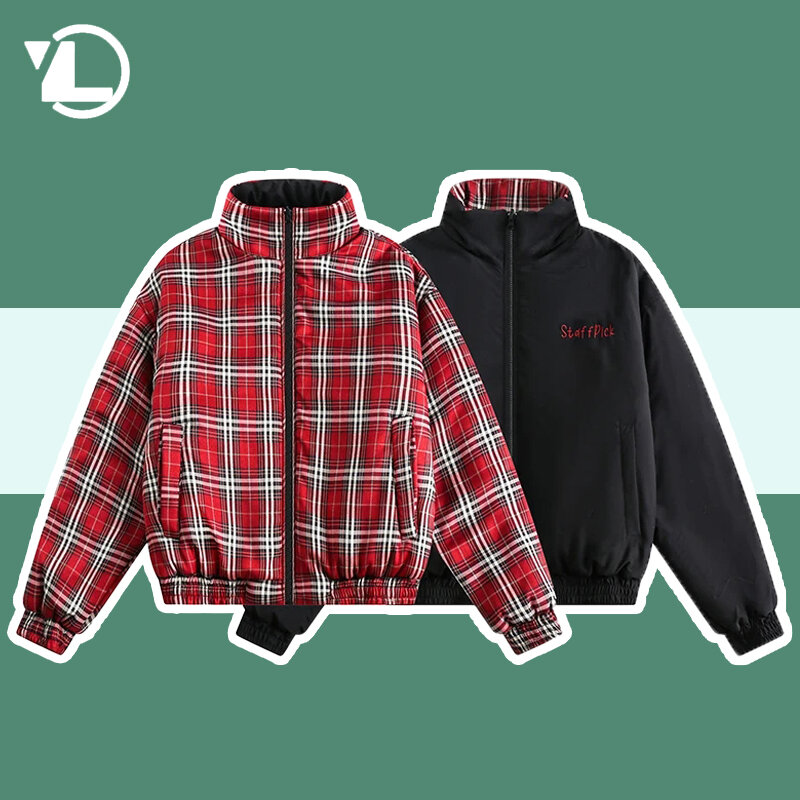Vintage Plaid Double-sided Jacket Men Woman Thicken Loose Stand Collar Parka Winter Harajuku Warm Lightweight Outerwear Unisex