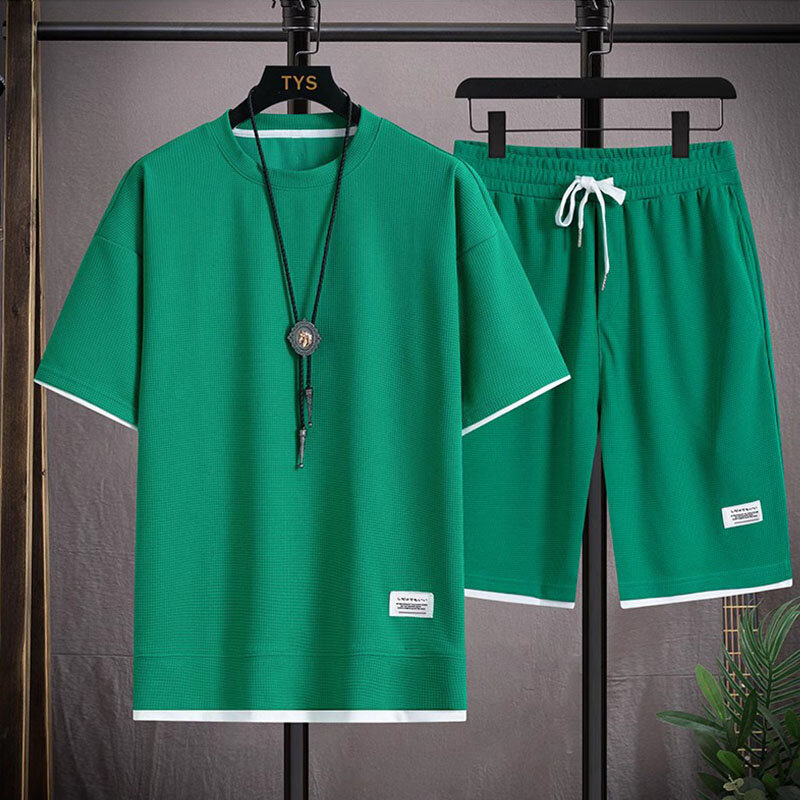 Letni męska koszulka i zestawy z krótkimi spodenkami dorywczo jednokolorowy zestaw dwuczęściowy męski dres z tkaniny waflowej 2023 modna odzież męska