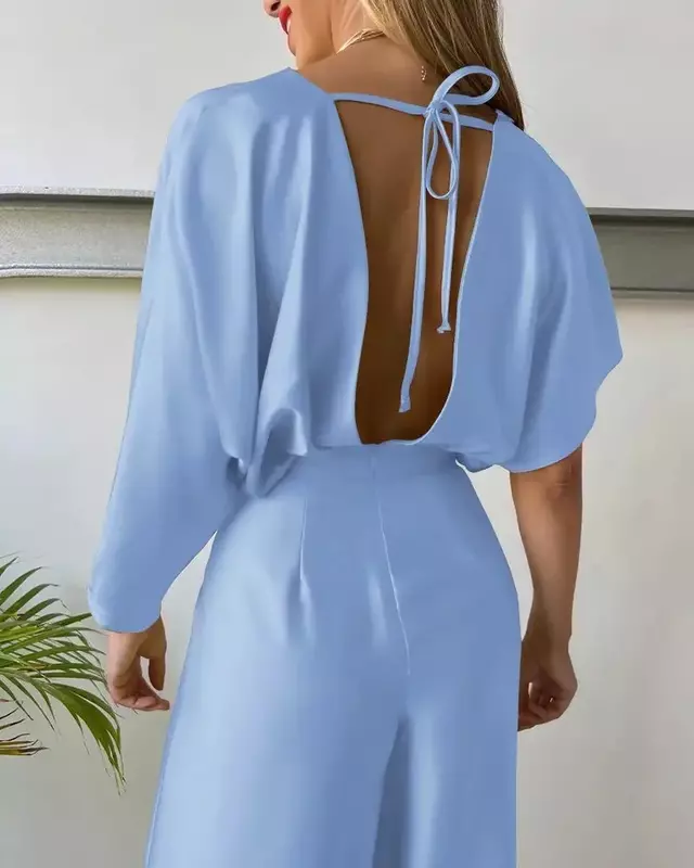 2024 New Women's Solid Color Jumpsuit Spring Summer Adult Female V-neck Sexy Short Sleeves High Waist One-piece Suits OFE12