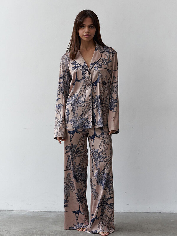 Hiloc-Conjunto de pijama de manga larga para mujer, ropa de dormir con estampado, pantalones de pierna ancha y cintura alta, 2 piezas