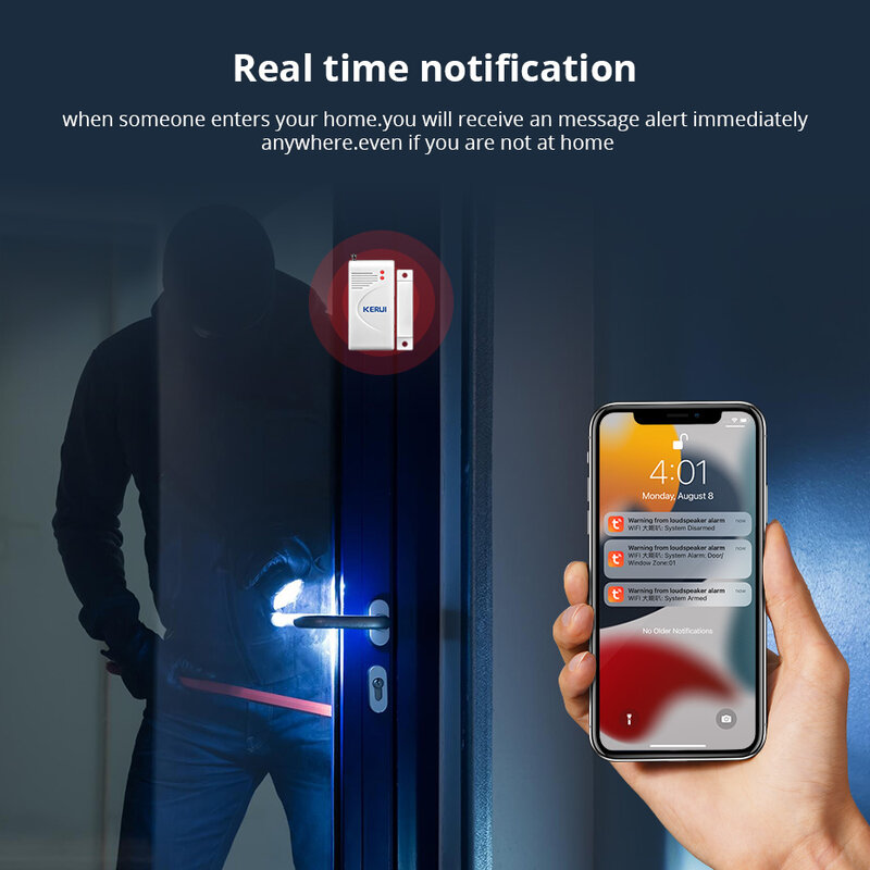 KERbiomTuya-Système d'alarme de sécurité sans fil intelligent, sirène, mouvement antivol domestique, capteur de porte, compatible avec Google Home, Alexa, Wi-Fi, 433Mhz