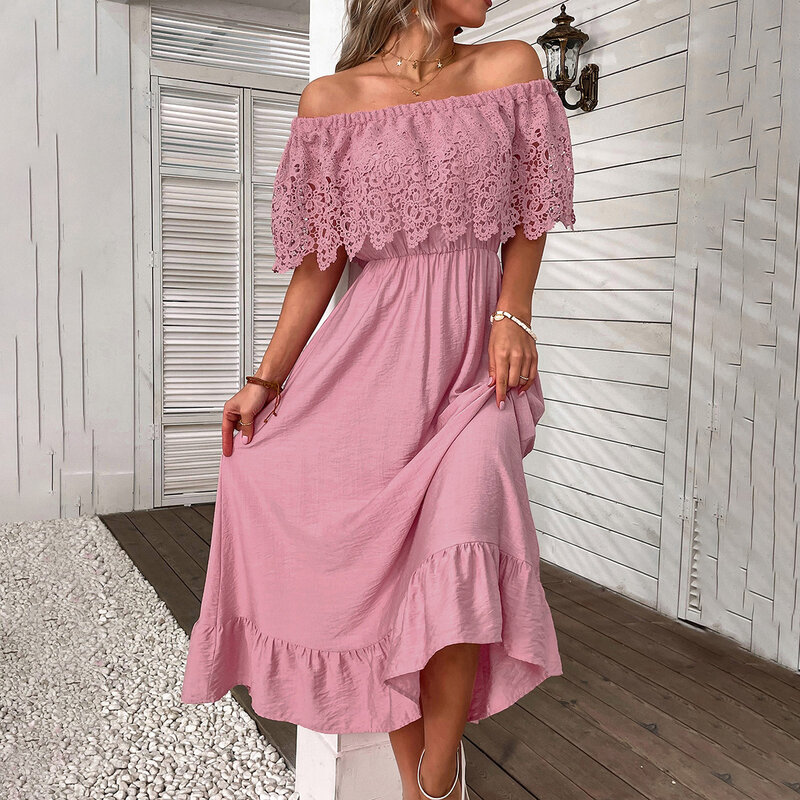 High Quality Design Lace Patchwork Dress Spring Summer 2024, Elegant Commuting Style Large Hem Dress Ruffle Edge One Line Collar