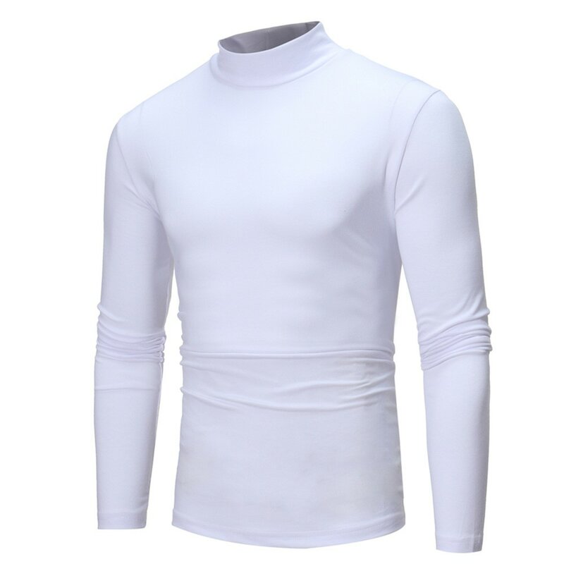 T-Shirt dasar Mode Pria Kaos Oblong atasan Pullover ketat lengan panjang kerah Mock warna polos untuk pria pakaian